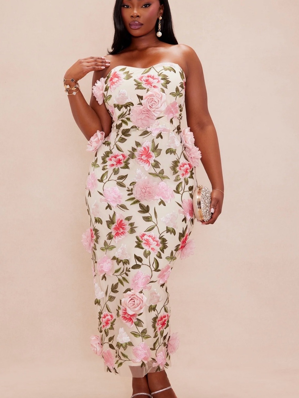 Strapless Pink Floral Appliqué Midi Dress
